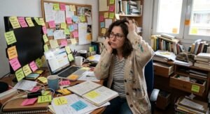 Adulto con TDAH rodeado de notas y recordatorios, señales de desorganización e inatención