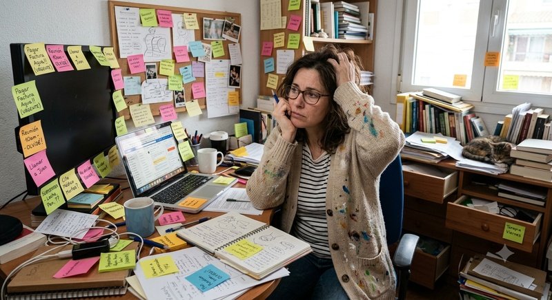 Adulto con TDAH rodeado de notas y recordatorios, señales de desorganización e inatención