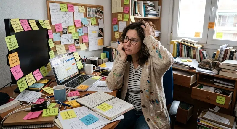 Adulto con TDAH rodeado de notas y recordatorios, señales de desorganización e inatención