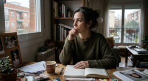 Persona adulta pensativa que reflexiona sobre el trauma infantil no resuelto y su presente