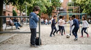 Niño tímido observando a otros niños jugar, ejemplo de timidez o ansiedad social infantil