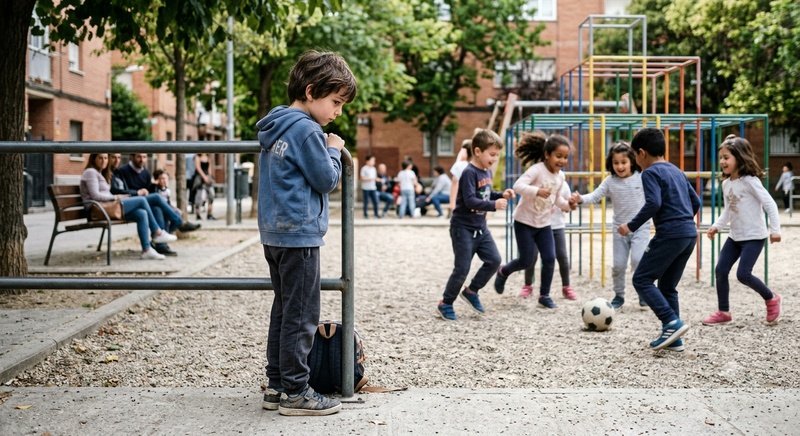 Niño tímido observando a otros niños jugar, ejemplo de timidez o ansiedad social infantil