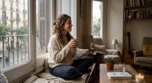 Persona junto a una ventana aprendiendo a estar bien consigo misma en la soledad