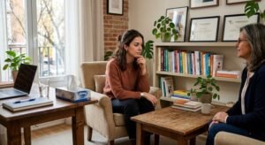 Mujer reflexionando sobre su autoconcepto y autoestima en consulta de psicología