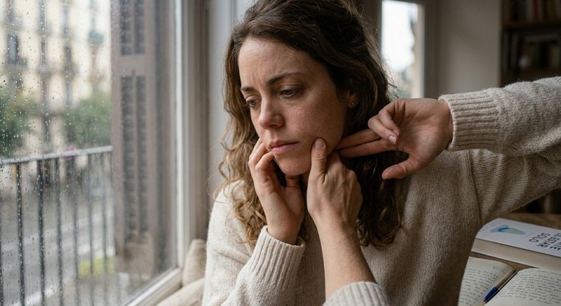 Persona con tensión en el cuello y la mandíbula reconociendo las señales del estrés