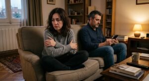 Escena típica en la que la mujer no se siente valorada por su pareja mientras mira el móvil.