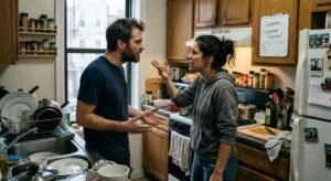 Pareja discutiendo en la cocina, reflejo de por qué mi pareja y yo discutimos por todo
