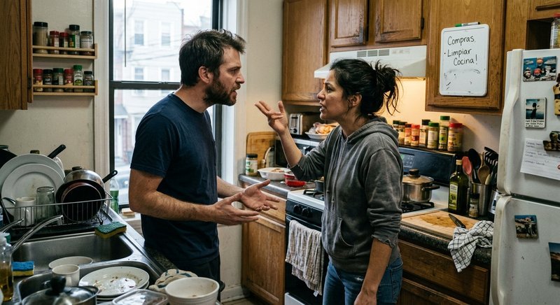 Pareja discutiendo en la cocina, reflejo de por qué mi pareja y yo discutimos por todo