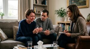Pareja en terapia hablando sobre cómo superar una infidelidad