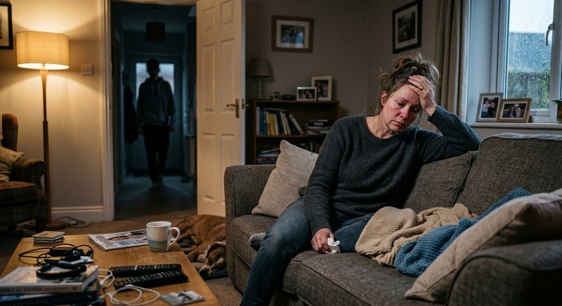 Madre sentada en el sofá, cansada, tras una discusión con su hijo adolescente